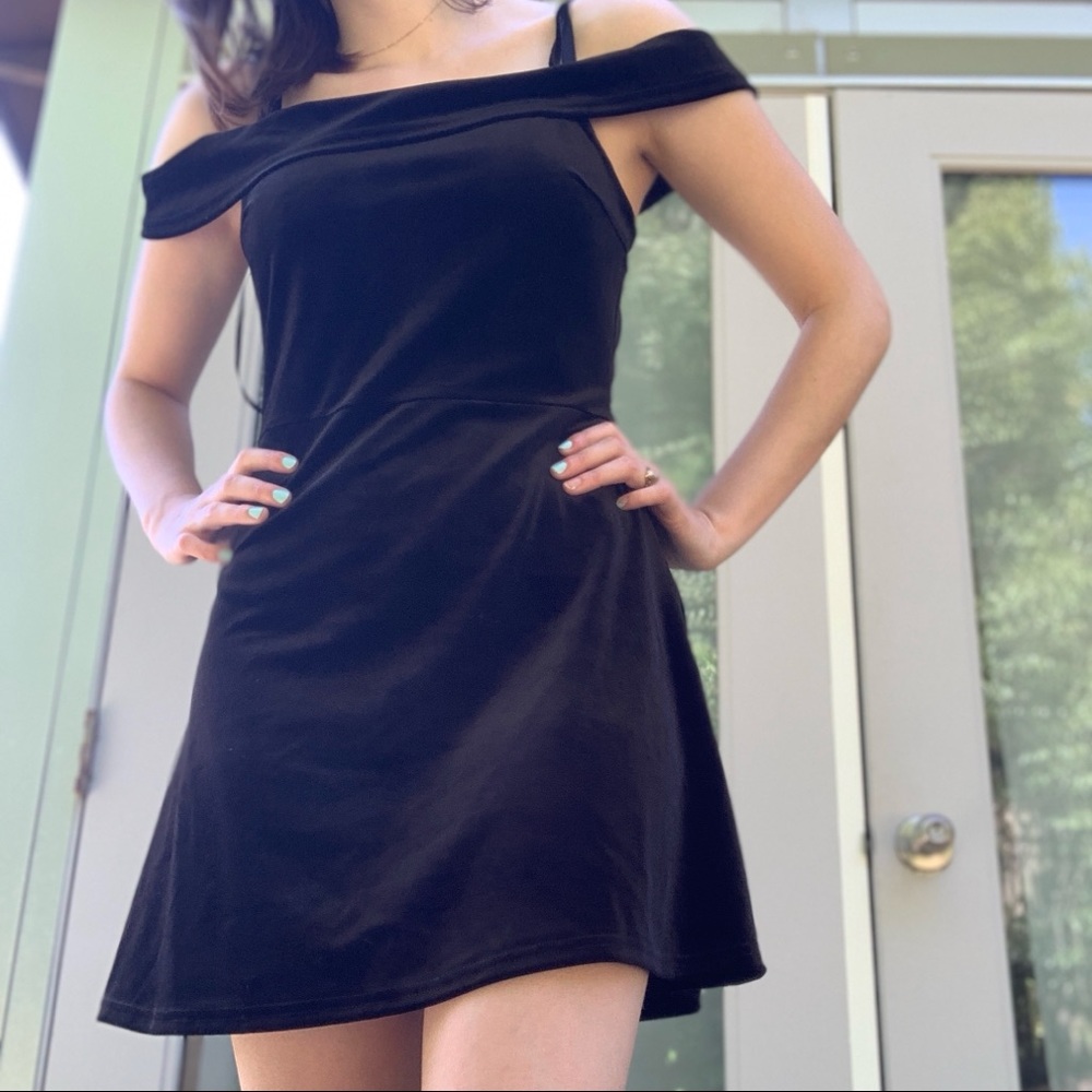 Black velvet off the shoulder dress